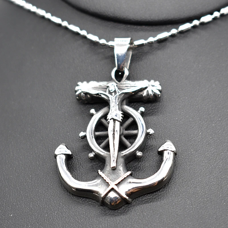 

AMUMIU Punk Anchor Jesus Pendant Stainless Steel High Quality Chain Necklace Jewelry For Men Rock Biker Gift HZP230