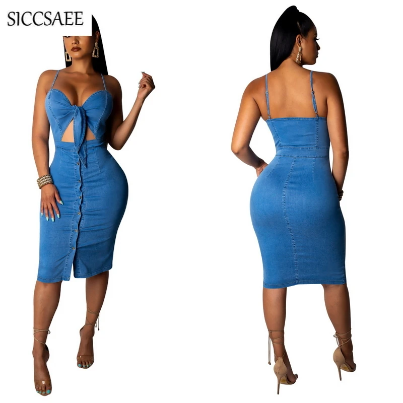 

Backless Bodycon Bandage Dress Denim Jeans Cut Out Hole Front Button Knee Length Dresses Midi Spaghetti Strap Sexy Vestidos 2019