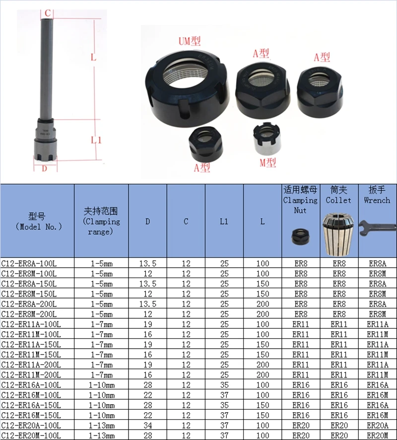 Глубокая обработка C12-ER8 ER11 ER16 100L 150L цанговый патрон Держатель удлинитель/стержень прямой хвостовик для фрезерного станка с ЧПУ