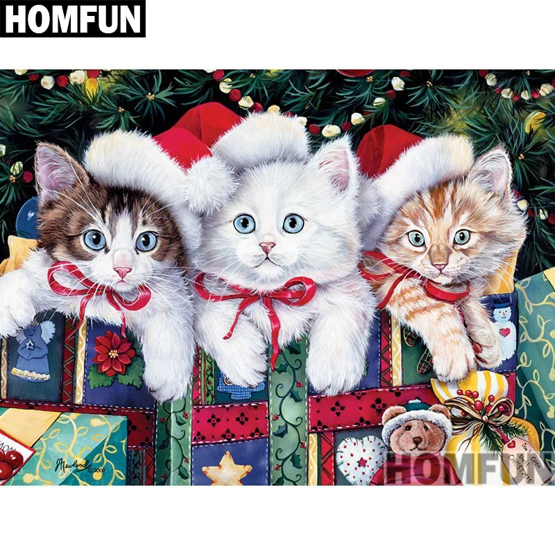 

HOMFUN Full Square/Round Drill 5D DIY Diamond Painting "Christmas cat" 3D Embroidery Cross Stitch 5D Home Decor A00883