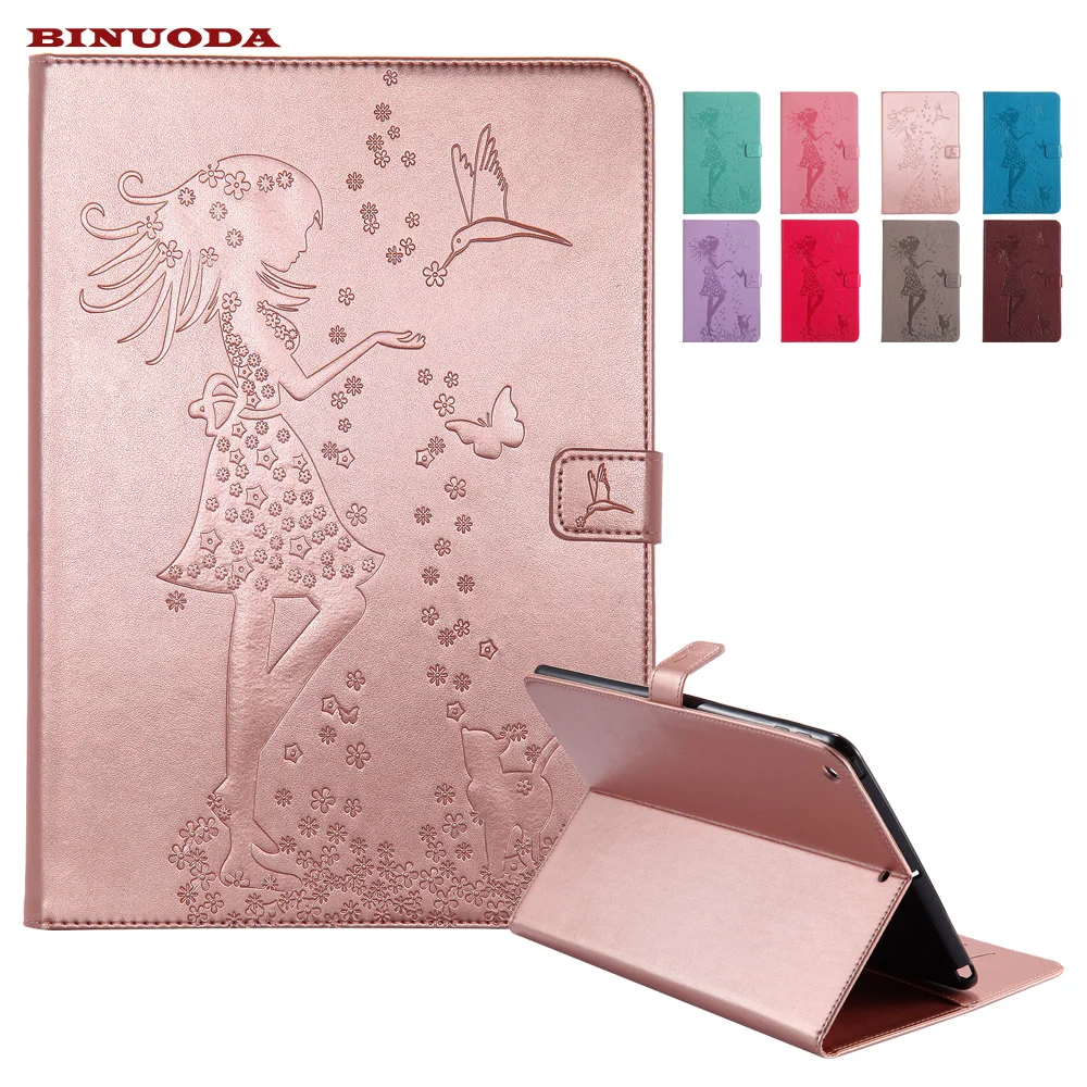 

For Coque New iPad 9.7 Smart Cover Woman and Cat Embossed Flip PU Leather Magnetic Closure Case for New iPad 9.7 2017 Edtion
