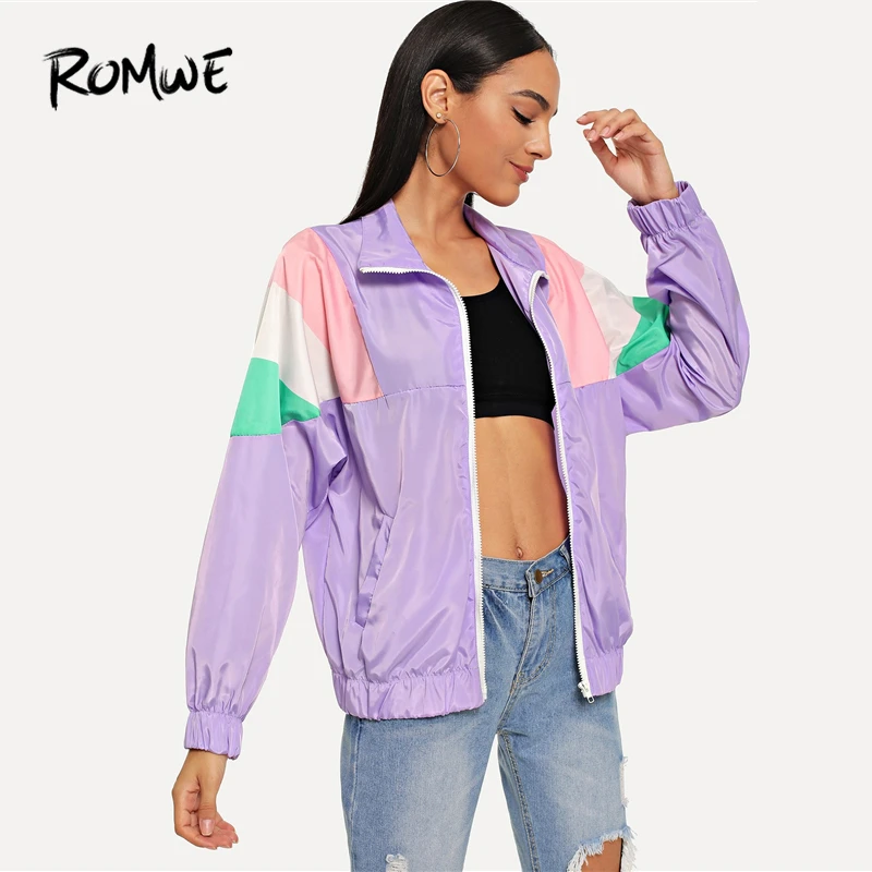 ROMWE Colorblock Zipper Jacket Women Casual Spring Autumn