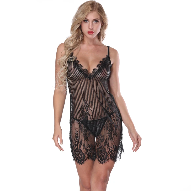 NINGMI Full Slip Sexy Lingerie Set Lounges Hot Erotic Underwear Lace Baby Doll Underskirt Women Deep V Neck Petticoat Mini Dress