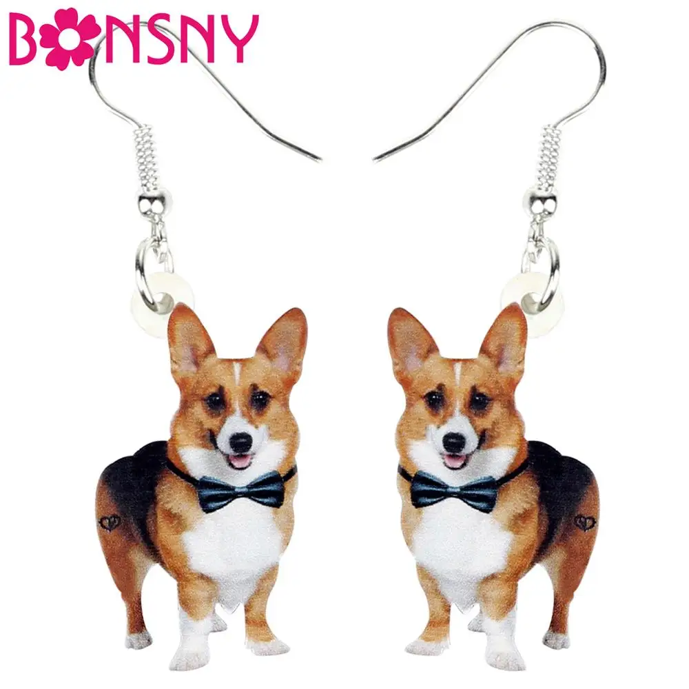 Bonsny Acrylic Cute Gentleman Tie Corgis Dog Earrings Dangle Drop Unique Jewelry For Women Girls Pet Lovers Charms Lots Gift