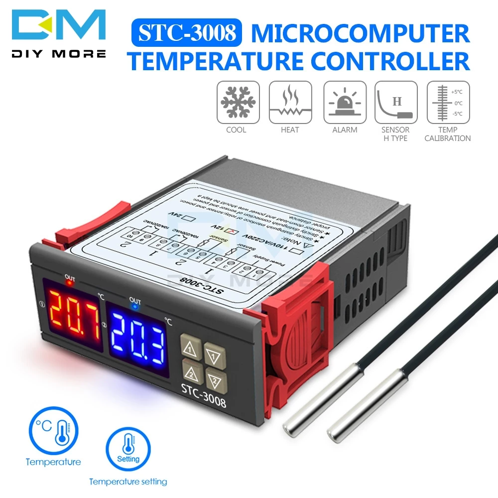 STC-3008, двойной цифровой регулятор температуры, термостат, терморегулятор, инкубатор, зонд 10 А, нагрев, охлаждение 12 В 24 в 110 В 220 В