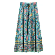 Богемная зеленая юбка с цветочным принтом винтажная Женская кружевная Юбка-миди с кисточками на талии