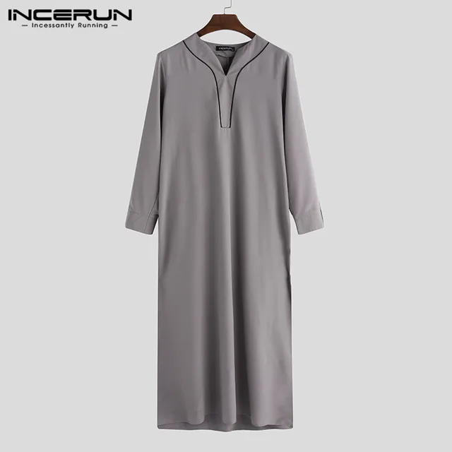 INCERUN Arabic Islamic Kaftan Men Muslim Clothing Loose Long Sleeve V Neck Men Robes Dubai Saudi Arabia Abaya Jubba Thobe 2019 - Image 3