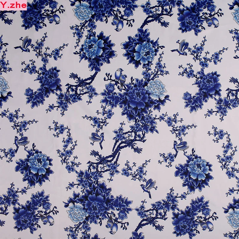 

White/Blue Chinese Fabrics 100%Cotton Fabric Patchwork Blue peony bird Printed Cotton Chinese Fabric Diy Sewing Clothing Dress