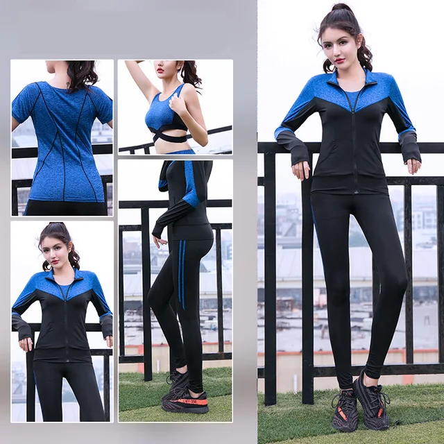 Quick Dry Yoga Set 4 PCS Workout Tight Sexy Top Sport Suit Gym Running Shirt Pants Sport Bra Women’s tracksuit