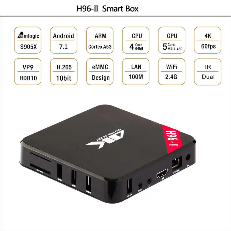 H96-Ii Android 7,1 Smart Tv Box Amlogic S905X четырехъядерный Wifi 2,4G 4 K Видео Медиа плейер для Netflix Youtube H962 приставка