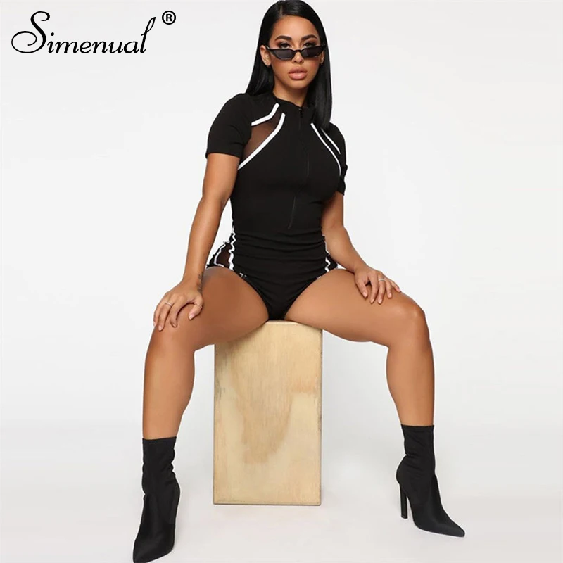 Simenual Mesh Patchwork Rompers Womens Jumpsuit Fitness Casual Zipper Workout Active Wear Playsuit Short Sleeve Sportswear 2019 Simenual Mesh Patchwork Rompers Womens Jumpsuit Fitness Casual Zipper Workout Active Wear Playsuit Short Sleeve Sportswear 2019