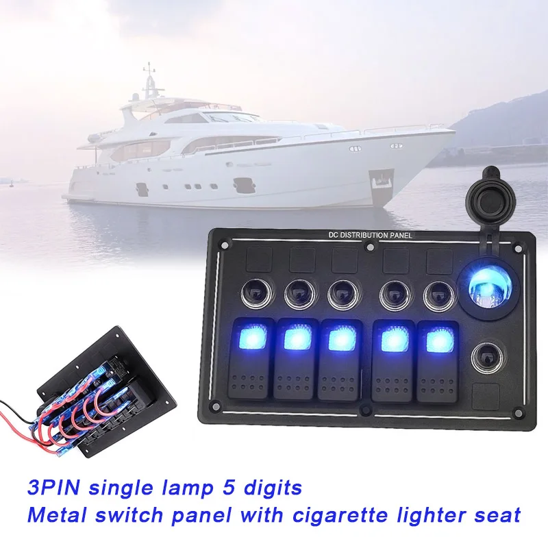 

3 PIN Single Lamp 5 Gang Rocker Metal Switch Panel with Cigarette Lighter Socket for Car Motorcycle Vehicle DXY88