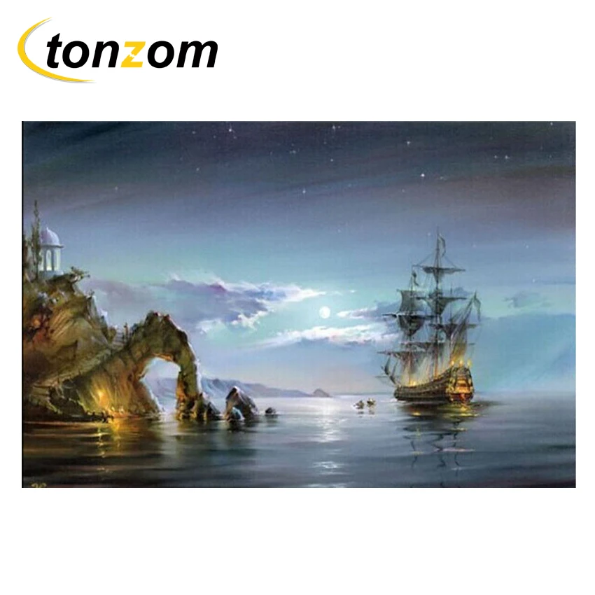 

RIHE Moon Sea Drawing By Number DIY Boat Painting Handwork On Island Cuadros Decoracion Oil Painting Art Coloring Home Decor