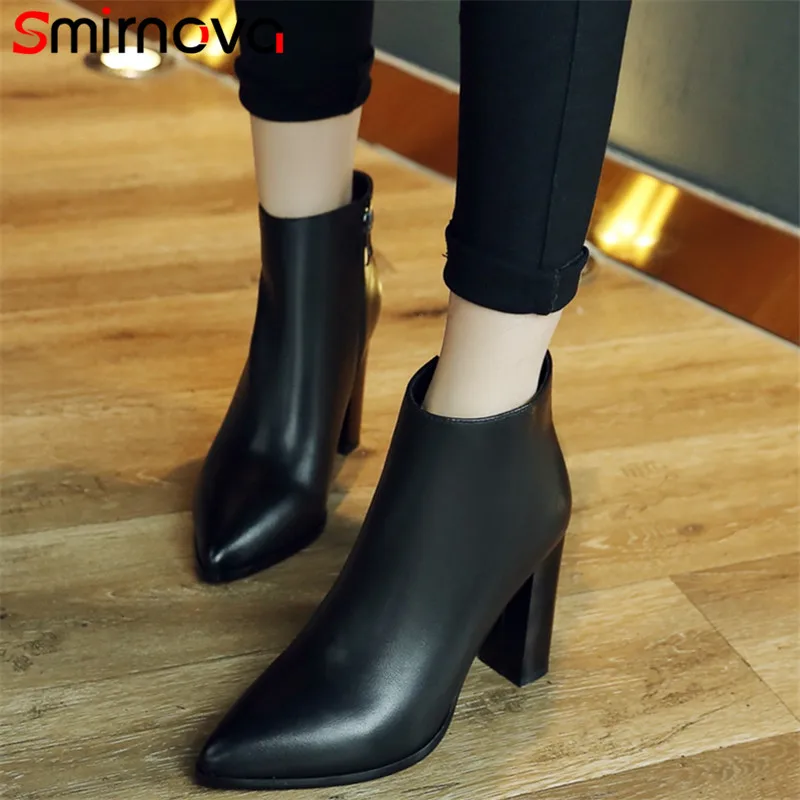 

Smirnova genuine leather 2018 ladies ankle boots pointed toe solid high heel boots zipper square heels elegant women boots