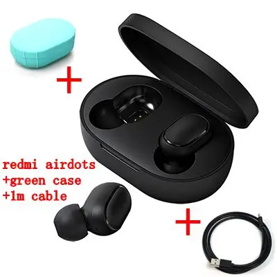 Беспроводные bluetooth-наушники Xiaomi Redmi Airdots TWS, водонепроницаемые, в уши, стерео, басы, наушники BT 5,0 AI, управление громкой связью, наушники - Цвет: Add cable green case