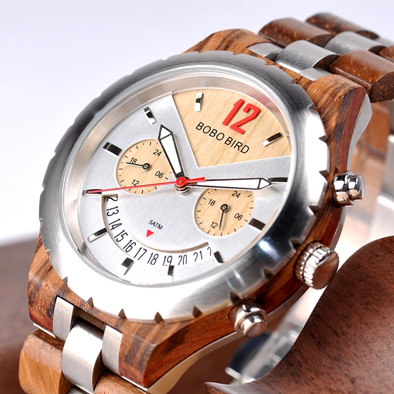 BOBO BIRD Watch Men Luxury Metal Wood Watches Stainless Steel With Date Display Multiple Color Timepiece relogio masculino