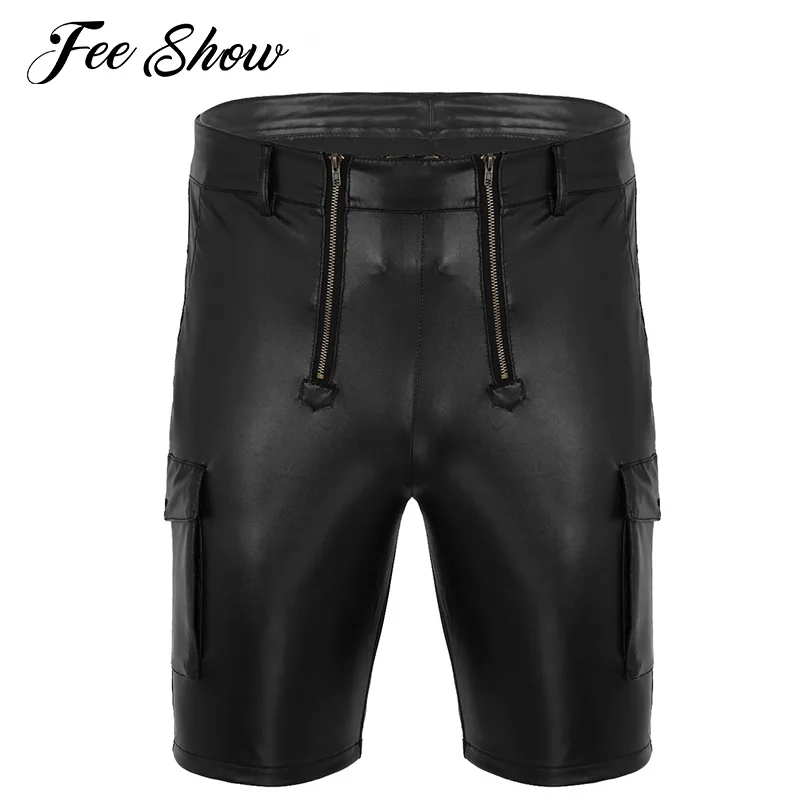

Men Wetlook Faux Leather Exotic Short Pants Night Club Wear Cargo Style Front Zippered Pouch Side Carpenter Shorts with Pockets