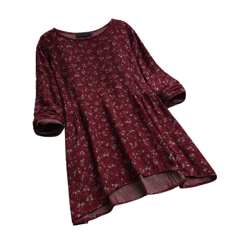 

CHAMSGEND Fashion Women Plus Size Blouse Vintage Floral Print Long Sleeves O-neck Blouse High Quality Cotton Women Clothing No26