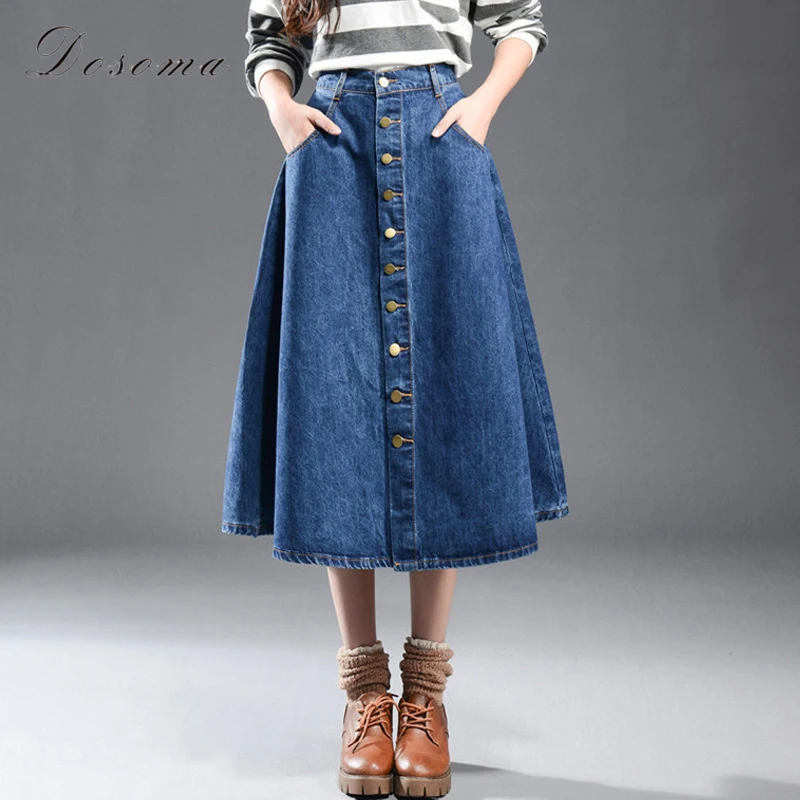 single breasted jeans skirt women plus size 2017 spring vintage high ...