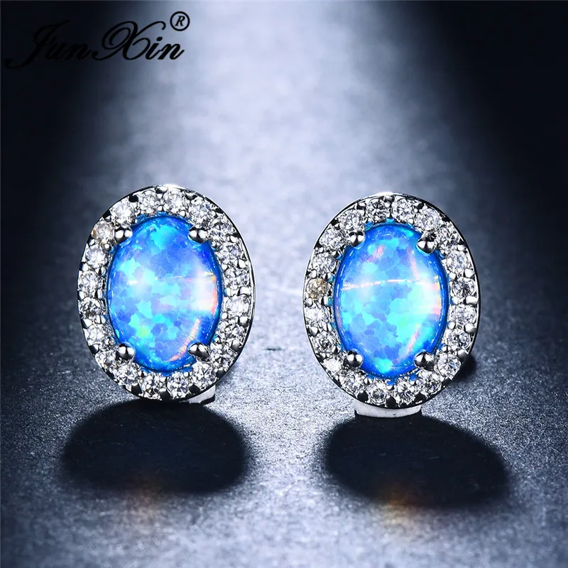 JUNXIN сине-белые огненные опаловые серьги женские Овальные серьги-гвоздики для женщин серебро 925 пробы Радуга камни по месяцу рождения шпильки CZ