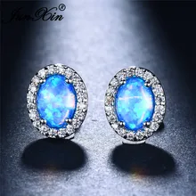JUNXIN сине-белые огненные опаловые серьги женские Овальные серьги-гвоздики для женщин серебро 925 пробы Радуга камни по месяцу рождения шпильки CZ