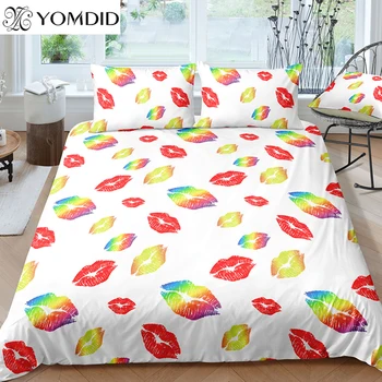 

Home Textile Bedding Sets Color Lips Duvet Cover Set For Hotel Decoration Polyester White Background Quilt Cover Pillowcase