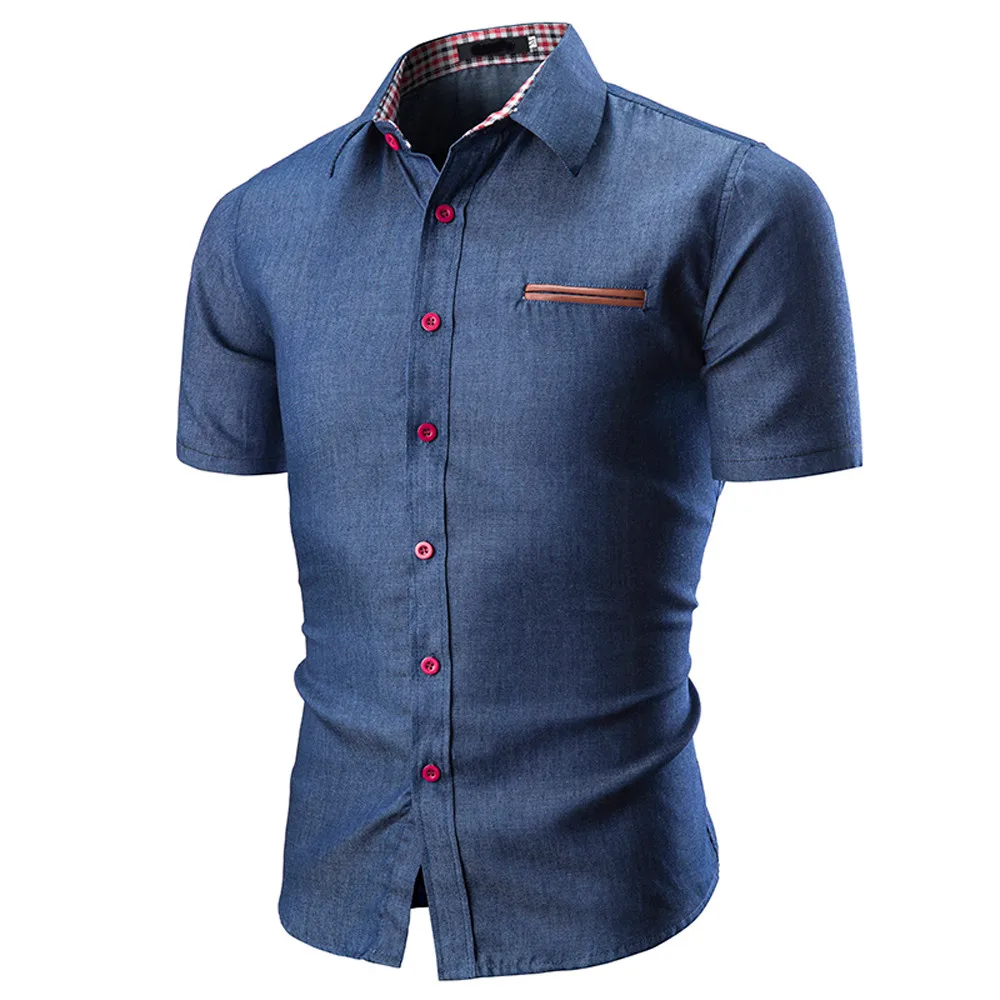 Лидер продаж, мужская рубашка, модная однотонная мужская Повседневная рубашка с коротким рукавом, высокое качество - Цвет: Navy Blue