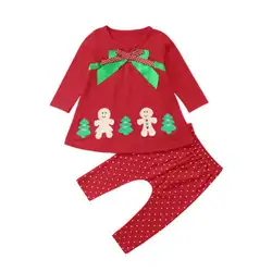 Xmas новорожденный для маленьких девочек Рождественская футболка с длинным рукавом Топы со снеговиком в Наряды в горошек со штанами