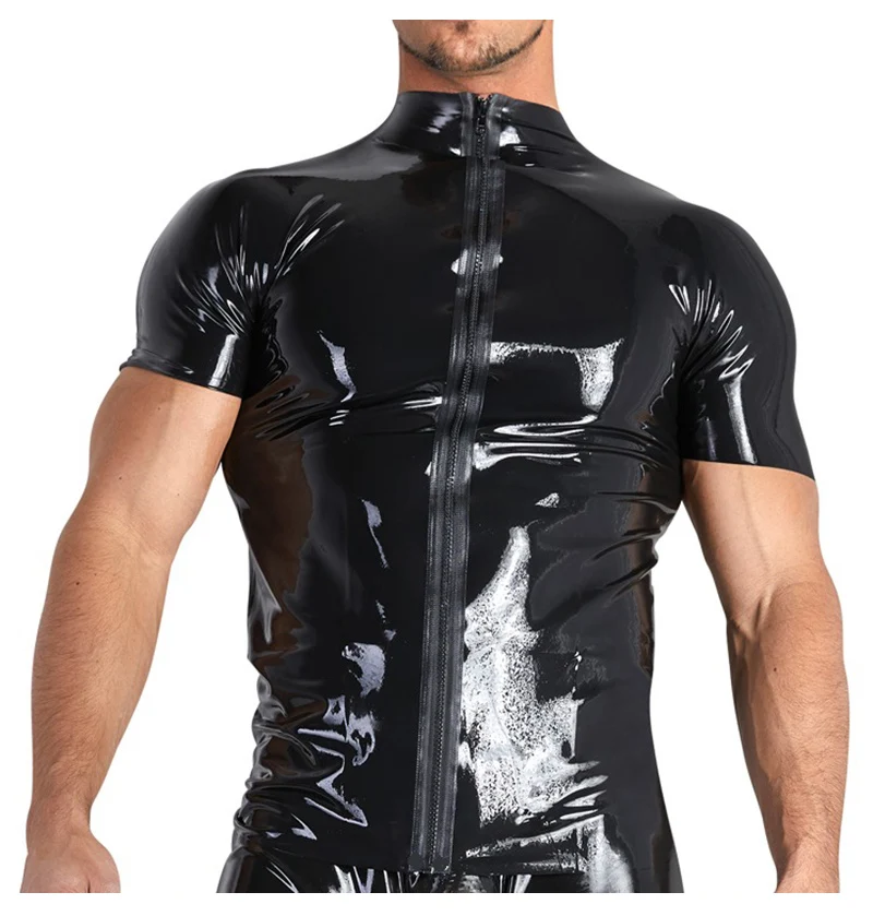 2019 Men's Sexy Faux Leather Pole Dancing Uniform Black Shiny Patent Leather PVC Latex Top with Zipper DS Nightclub Punk Uniform (6)