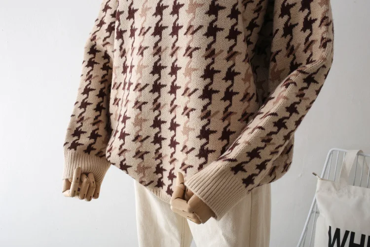 Для женщин свитер с рисунком «гусиные лапки» пуловеры с высоким, плотно облегающим шею воротником джемпер Свободный пуловер рубашка свитера модные Для женщин свободный свитер