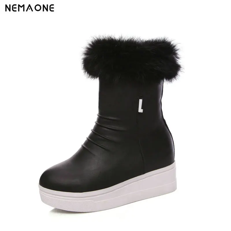 

NEMAONE women winter plush snow boots black white pink ankle boots woman height increasing winter girl's shoes large size 42 43