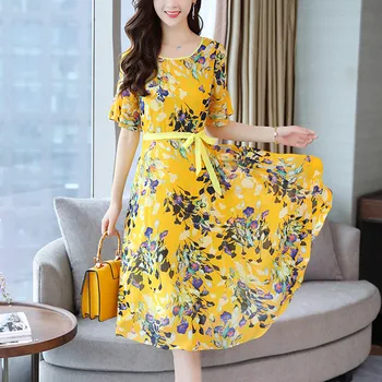 

Droppshiping Women Floral Dress Chiffon Bohemian High Waist Slim Fit Casual Dress for Summer dg88