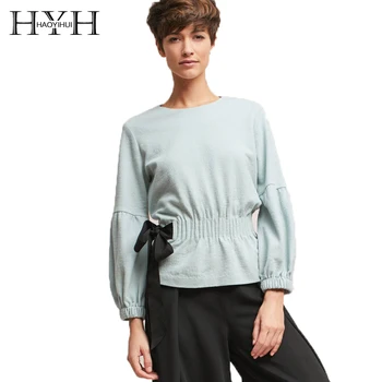 

HYH HAOYIHUI Autumn Lantern Sleeve Women T-shirts Elastic High Waist Bowknot Ruffles Solid Green Female Casual Loose Lady Tops