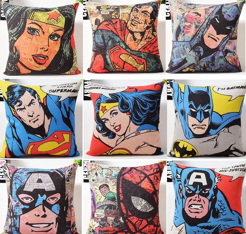 

American Pop Style Cushion Covers Wonder Woman Superman Spiderman Hero Beige Pillow Covers Bedroom Sofa Decoration