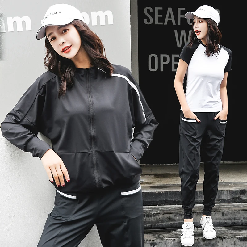 

2018 New Women Yoga Set Running Jacket Shirt Bra Pant Tracksuit For Female Sport Suit Fitness Breathable Black White Gym Clothes