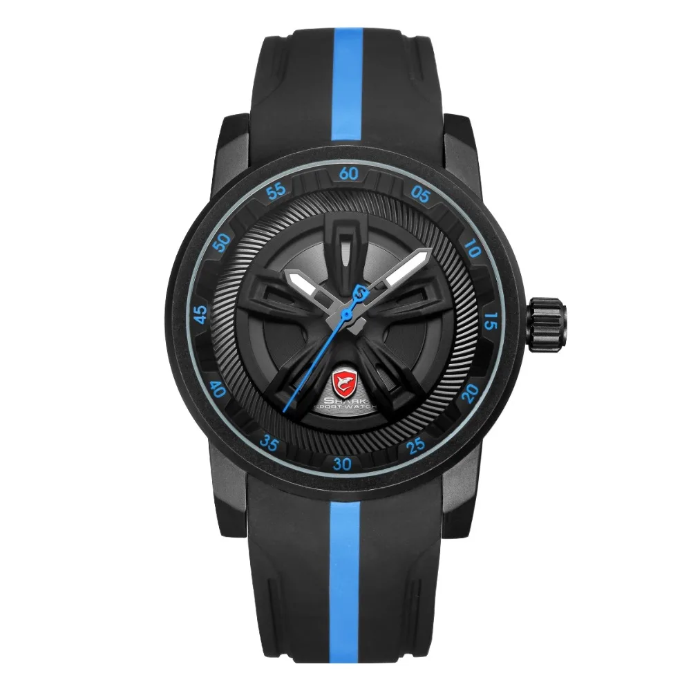 Спортивные часы Thresher SHARK, крутые гоночные, синие, 3D дизайн колеса, циферблат, корона, кварцевый силиконовый ремешок, мужские наручные часы
