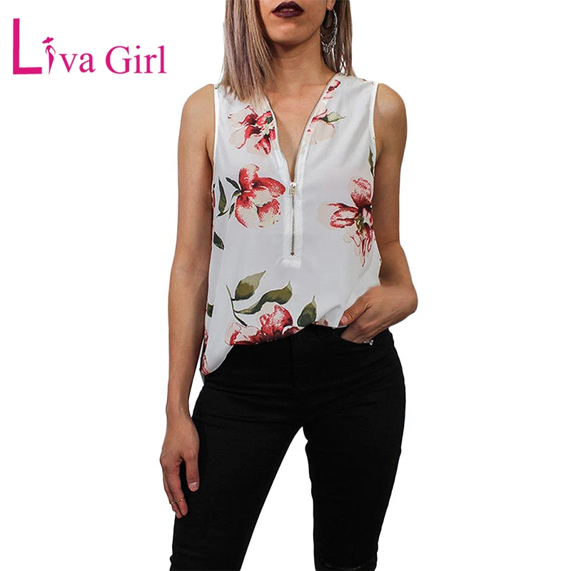 

LIVA GIRL Chiffon Top Shirt Casual Women Sleeveless Blouse Flower Floral Tunic V Neck Summer Loose Tops Shirts Lady Tank Blouses