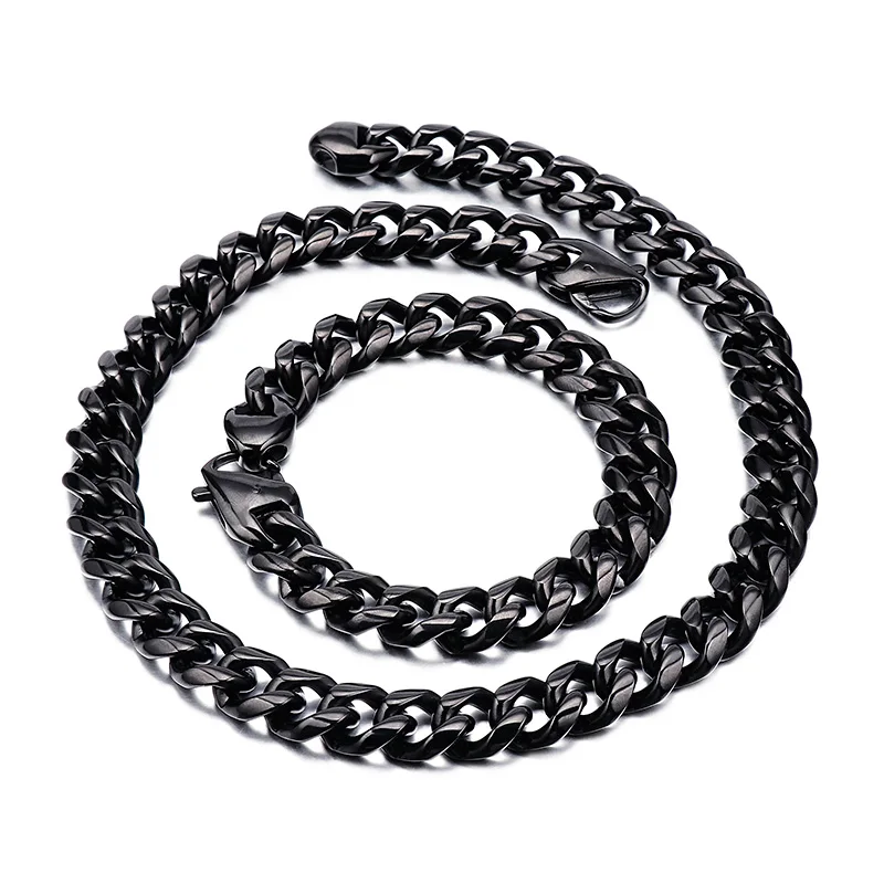 

13mm 24''+8.5'' Black mens jewelry set stainless steel Hip-Hop Smooth cuban curb link chain necklace + bracelet