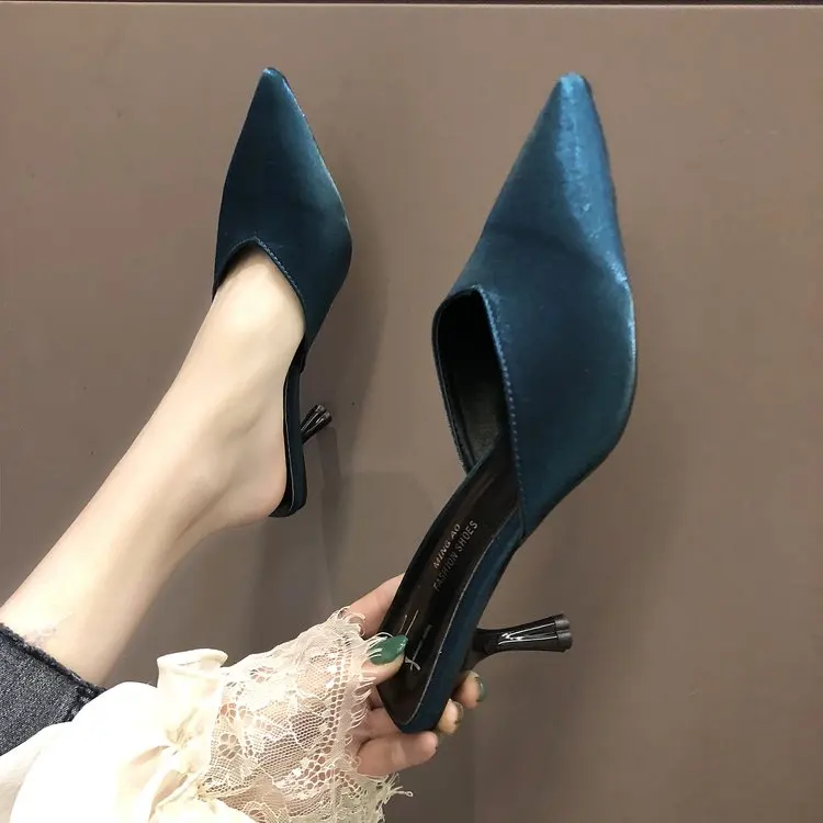 

High-heeled slippers women's shoes Mules shoes wear wild Baotou a pedal stiletto pointed half-slung female sandals and slippers