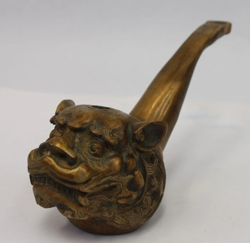 WBY---522 + Китайская старая бронзовая медная Статуэтка Fu Foo Dog голова льва для курения