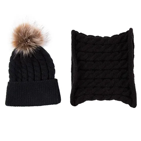 Вязаная Детская шапка для девочек и мальчиков; теплые зимние аксессуары для малышей; комплект из 2 предметов: шапочка+ шарф - Цвет: black