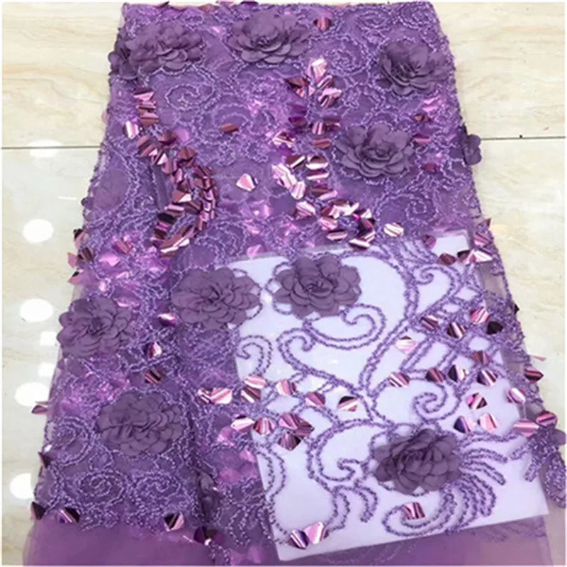 

Nigerian Lace Fabrics for Wedding 2019, African French Lace Fabric High Quality 3D Sequins Rose Purple Handwork Lace Applique