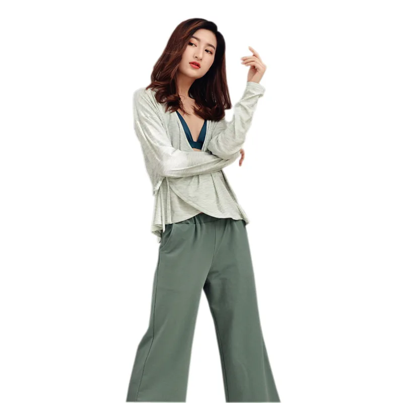 

Spring 2019 New Japanese Kimono Loose Pajamas Womens Long Sleeved Trousers Pajamas Leisure Pijama Suit Modal V-Neck Sleepwear