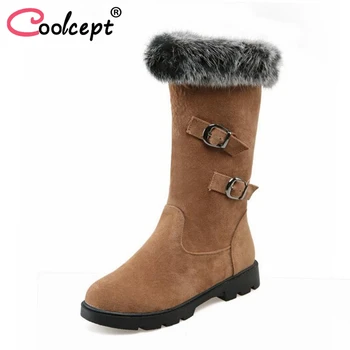 

Coolcept 4 Colors Women Flats Boots Warm Fur Shoes Winter Buckle Snow Mid Calf Boots Thick Fur Office Lady Shoes Size 33-43