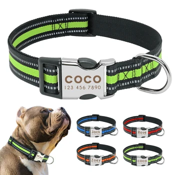 Collar reflectante de nailon para Perro, personalizado, con nombre de identificación, grabado para perros medianos y grandes, S-L