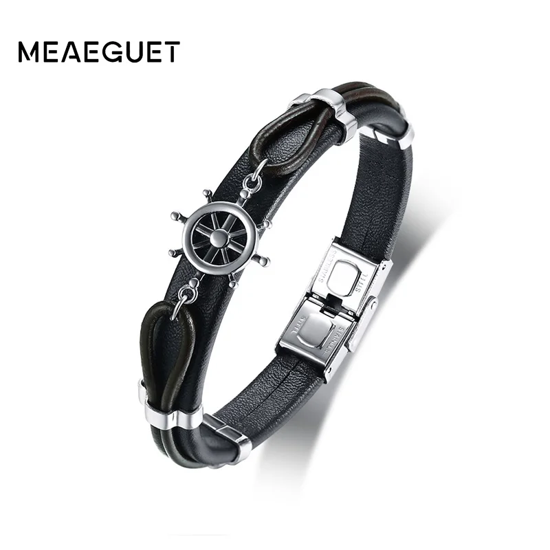 

Meaeguet Trending Genuine Leather Rudder Charm Bracelets Bangle Stainless Steel Bracelet Wristband For Men Best Love Navigation