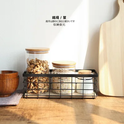 

Home and Garden Iron Art decoration wire storage basket with wood board Cosmetic Organizer desktop Table Organizer sundries box