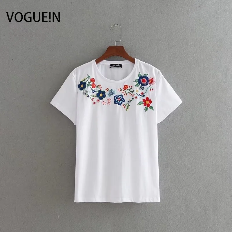 

VOGUEIN New Womens Ladies Floral Embroidered Short Sleeve White T-Shirt Tee Shirt Size SML Wholesale