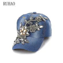 RUHAO Ретро бейсболка с цветами регулируемые Snapback шапки для женщин женская шапка шляпа высокое качество горный хрусталь джинсовая кепка