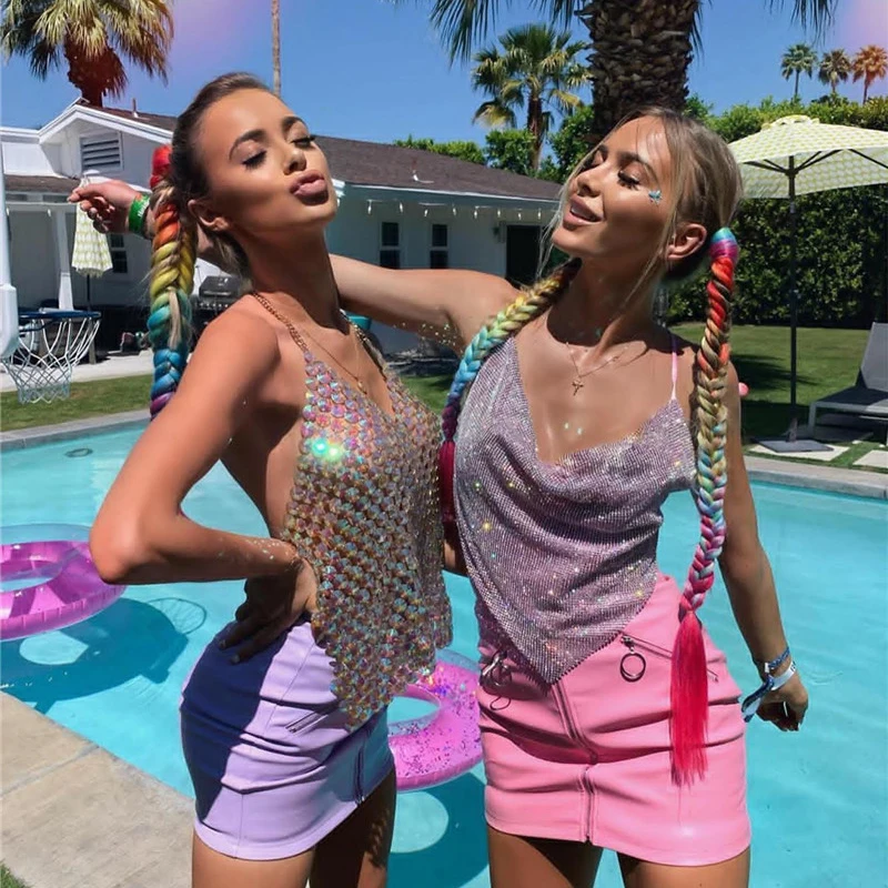 

Sexy Shiny Summer Tank Top For Women Handmade Rhinestone Blackless Glitter sequins Festival Beach Club Party Wear Halter Tops